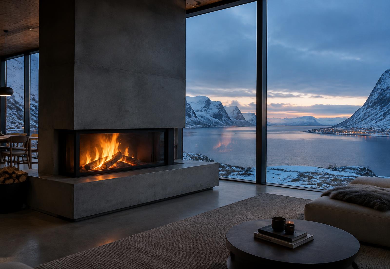 Moderne peis i hytte med fjordutsikt
